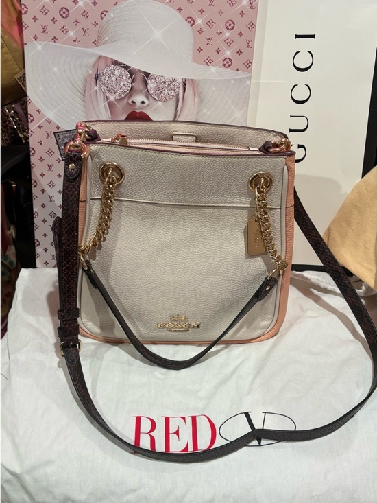 Coach Handbags - Coach Chalk and Pink Pebbled Leather Crossbody with Gold Chain Accents